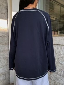 DAZY Letter Graphic Top-Stitching Raglan Sleeve Tee Jersey,Fall Clothes Long Sleeve Women Tops - Navy Blue - View 2