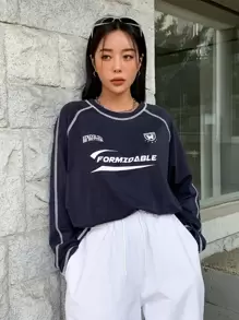 DAZY Letter Graphic Top-Stitching Raglan Sleeve Tee Jersey,Fall Clothes Long Sleeve Women Tops - Navy Blue - View 3