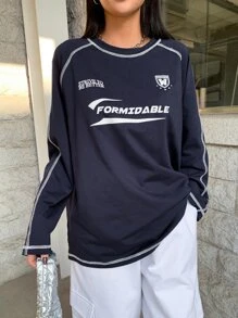 DAZY Letter Graphic Top-Stitching Raglan Sleeve Tee Jersey,Fall Clothes Long Sleeve Women Tops - Navy Blue - View 4