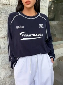 DAZY Letter Graphic Top-Stitching Raglan Sleeve Tee Jersey,Fall Clothes Long Sleeve Women Tops - Navy Blue - View 6