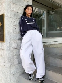 DAZY Letter Graphic Top-Stitching Raglan Sleeve Tee Jersey,Fall Clothes Long Sleeve Women Tops - Navy Blue - View 7