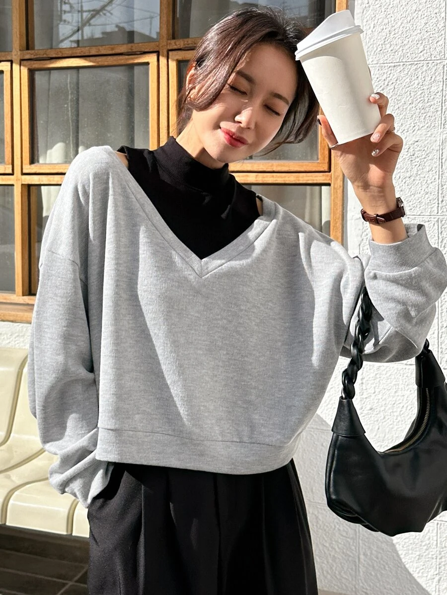 DAZY 2 In 1 Drop Shoulder Sweatshirt - Grey - View 1