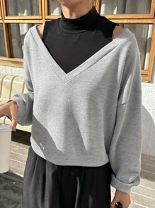 DAZY 2 In 1 Drop Shoulder Sweatshirt - Grey - View 7