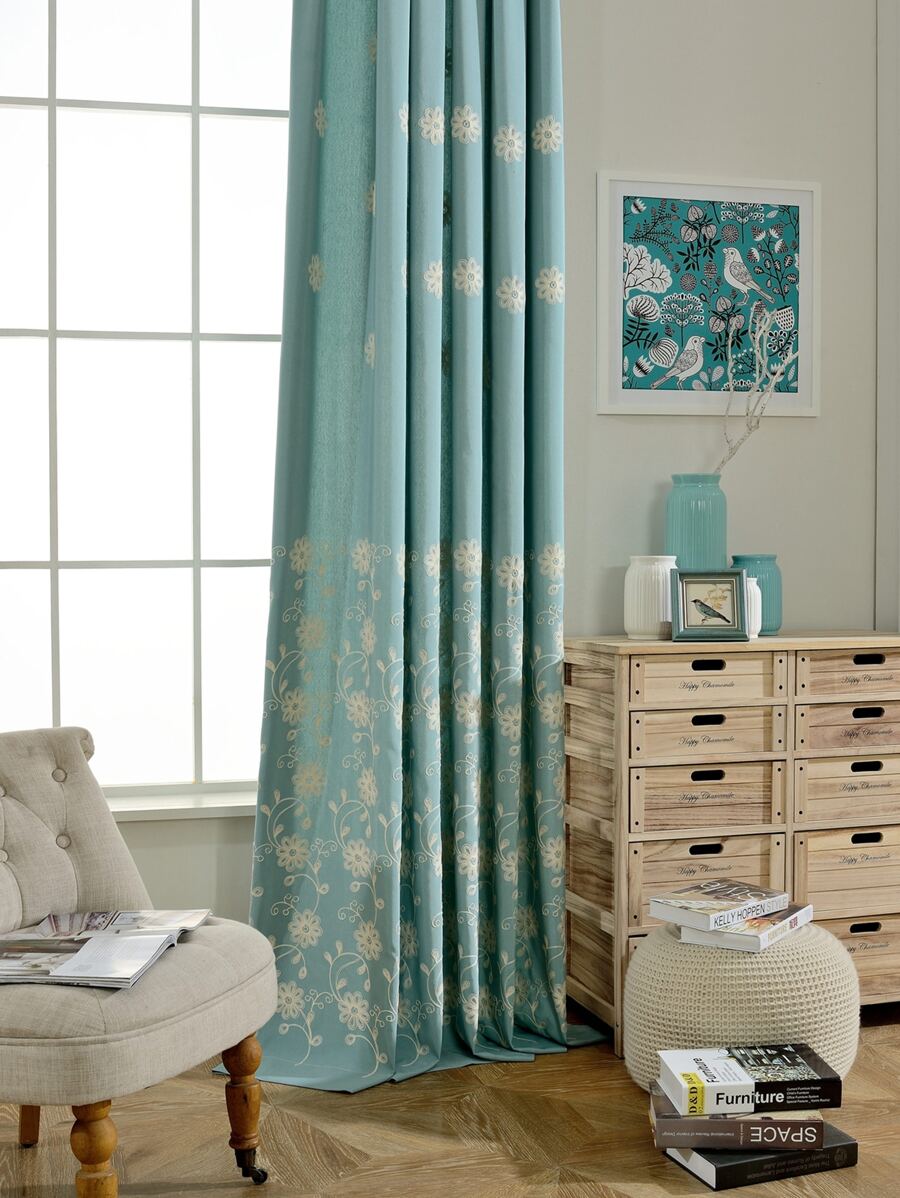 花卉刺繡1片遮光窗簾 - 藍色 - 查看 1