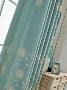 花卉刺繡1片遮光窗簾 - 藍色 - 查看 5