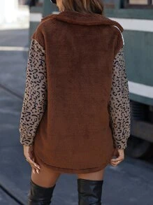 SHEIN LUNE Leopard Pattern Colorblock Drop Shoulder Teddy Coat - Multicolor - View 2