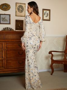 Missord Lantern Sleeve Mermaid Hem Sequin Formal Dress - Beige - View 2