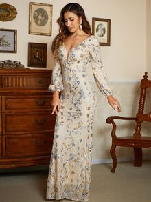 Missord Lantern Sleeve Mermaid Hem Sequin Formal Dress - Beige - View 5