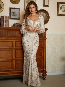 Missord Lantern Sleeve Mermaid Hem Sequin Formal Dress - Beige - View 7