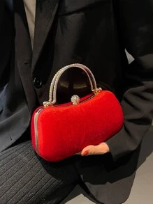 Glitter Bling,Shiny Glamorous,Elegant,Exquisite Mini Rhinestone Decor Chain Box Bag Dinner Bag,Evening Bag For Party Girl,Woman,For Female Perfect For Party,Wedding,Prom,Dinner/Banquet,For Best Gift For Women - Red - View 2