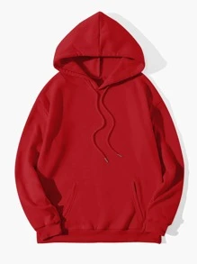 SHEIN EZwear Sculpture & Letter Graphic Kangaroo Pocket Drawstring Thermal Hoodie - Red - View 2