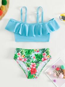Young Girl Floral Print Ruffle Trim Bikini Set Summer Beach - Multicolor - View 1