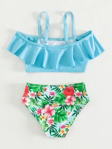 Young Girl Floral Print Ruffle Trim Bikini Set Summer Beach - Multicolor - View 2