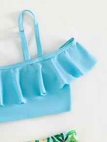 Young Girl Floral Print Ruffle Trim Bikini Set Summer Beach - Multicolor - View 3