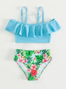 Young Girl Floral Print Ruffle Trim Bikini Set Summer Beach - Multicolor - View 4