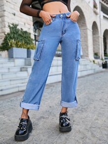 Quần jean nữ Nút Túi Dây kéo màu trơn - Rửa trung bình - Xem 1