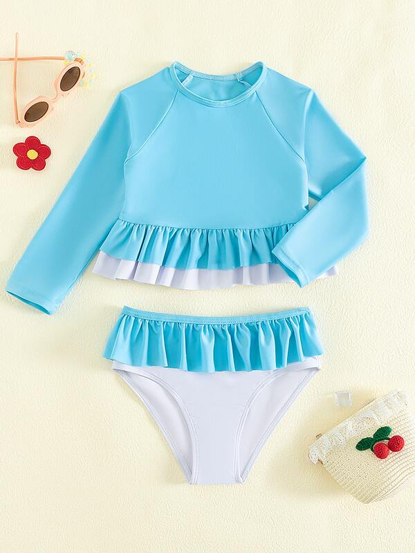 Camiseta de protección solar de verano con bloques de color y dobladillo con volantes para niñas