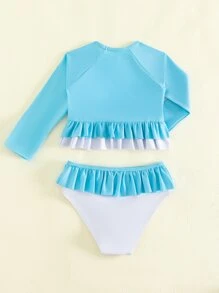 Young Girl Color Block Ruffle Hem Rashguard Summer Beach - Blue and White - View 2