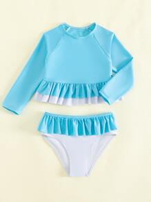 Young Girl Color Block Ruffle Hem Rashguard Summer Beach - Blue and White - View 3