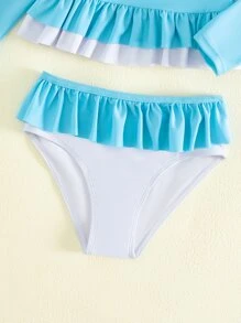 Young Girl Color Block Ruffle Hem Rashguard Summer Beach - Blue and White - View 4