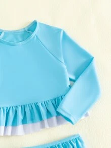 Young Girl Color Block Ruffle Hem Rashguard Summer Beach - Blue and White - View 5