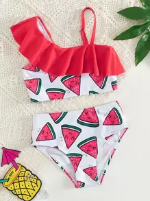 Conjunto de bikini con estampado de sandía, ribete de volantes para niña joven, playa de verano - Rojo y blanco - Ver 1
