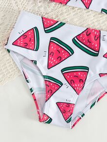 Conjunto de bikini con estampado de sandía, ribete de volantes para niña joven, playa de verano - Rojo y blanco - Ver 3