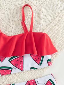Conjunto de bikini con estampado de sandía, ribete de volantes para niña joven, playa de verano - Rojo y blanco - Ver 4