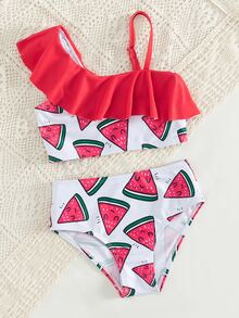 Conjunto de bikini con estampado de sandía, ribete de volantes para niña joven, playa de verano - Rojo y blanco - Ver 5