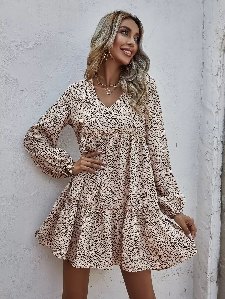 EURMUSE 滿版印花褶邊燈籠袖荷葉邊娃娃裙 - 彩色 - 查看 1