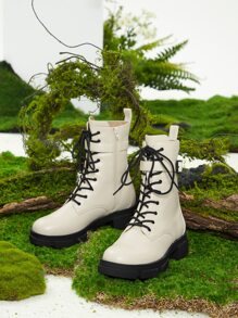 evoluSHEIN Buckle Decor Lace-up Front Combat Boots - Apricot - View 5