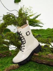 evoluSHEIN Buckle Decor Lace-up Front Combat Boots - Apricot - View 7