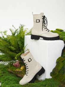 evoluSHEIN Buckle Decor Lace-up Front Combat Boots - Apricot - View 6