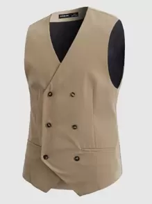 Manfinity Hombres Blazer chaleco de doble botonadura sin camisa - Caqui - Ver 1