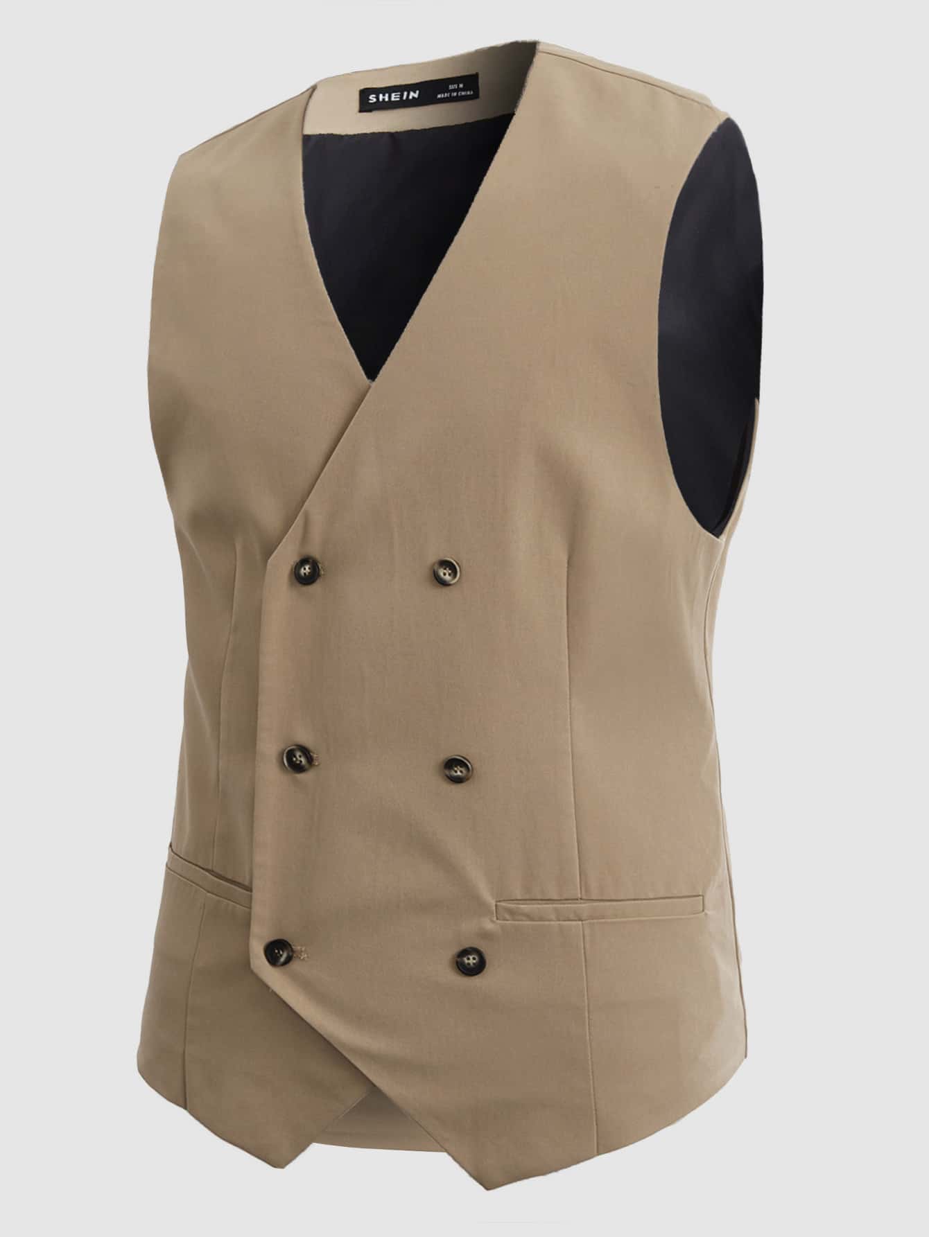 Manfinity Hombres Blazer chaleco de doble botonadura sin camisa - Caqui - Ver 1