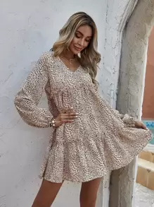 EURMUSE 滿版印花褶邊燈籠袖荷葉邊娃娃裙 - 彩色 - 查看 4