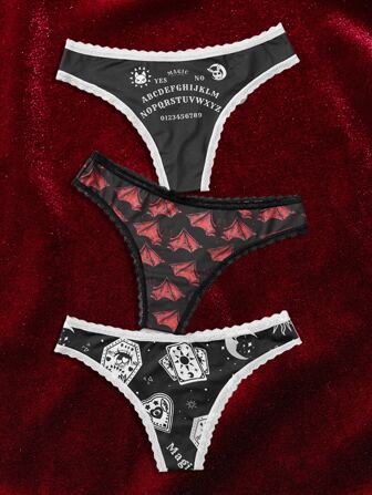 Goth 3 pacchi Set mutandine con grafica lettera pizzo a contrasto