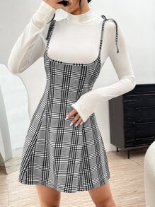 SHEIN EZwear Plaid Tie Shoulder Pinafore Dress Without Tee - Grey - View 3