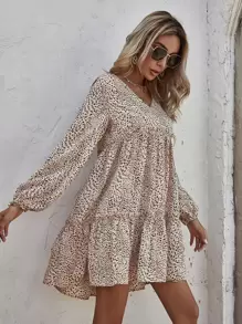 EURMUSE 滿版印花褶邊燈籠袖荷葉邊娃娃裙 - 彩色 - 查看 6