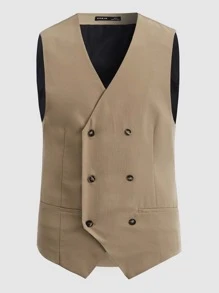 Manfinity Hombres Blazer chaleco de doble botonadura sin camisa - Caqui - Ver 6