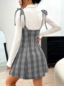 SHEIN EZwear Plaid Tie Shoulder Pinafore Dress Without Tee - Grey - View 2