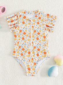 SHEIN Baby Girl Allover Floral Print Ruffle Trim Zipper Front One Piece Swimsuit - Multicolor - View 1