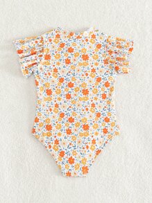 SHEIN Baby Girl Allover Floral Print Ruffle Trim Zipper Front One Piece Swimsuit - Multicolor - View 2