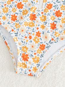 SHEIN Baby Girl Allover Floral Print Ruffle Trim Zipper Front One Piece Swimsuit - Multicolor - View 3