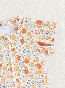 SHEIN Baby Girl Allover Floral Print Ruffle Trim Zipper Front One Piece Swimsuit - Multicolor - View 4