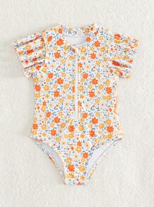 SHEIN Baby Girl Allover Floral Print Ruffle Trim Zipper Front One Piece Swimsuit - Multicolor - View 5