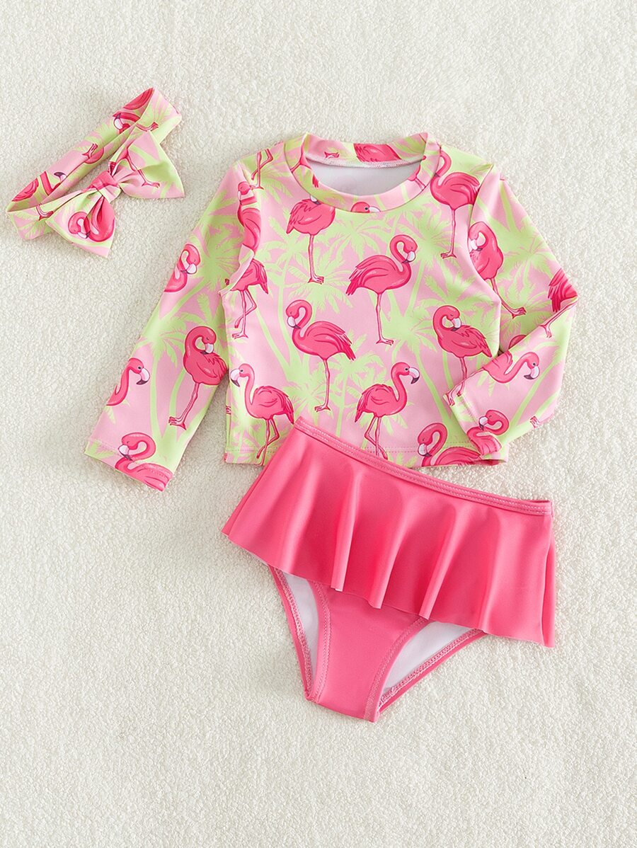Baby Flamingo Print Ruffle Hem Skort Swimsuit & Headband - Multicolor - View 1