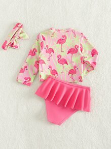 Baby Flamingo Print Ruffle Hem Skort Swimsuit & Headband - Multicolor - View 2