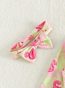 Baby Flamingo Print Ruffle Hem Skort Swimsuit & Headband - Multicolor - View 3