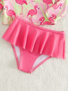 Baby Flamingo Print Ruffle Hem Skort Swimsuit & Headband - Multicolor - View 4